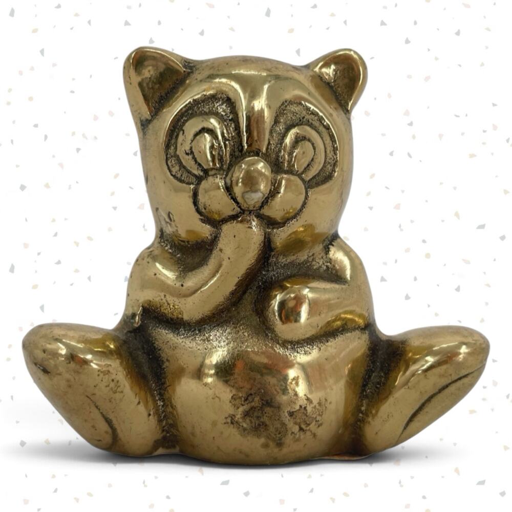 Vintage Brass Bear Happy Panda Paw Mouth Eating Figurine Reflective Shiny Gold